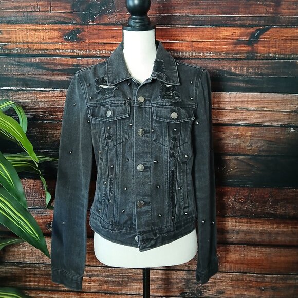 CI SONO Jean Jacket M Crop Distressed Studded Black Denim Grunge Biker - Picture 7 of 9
